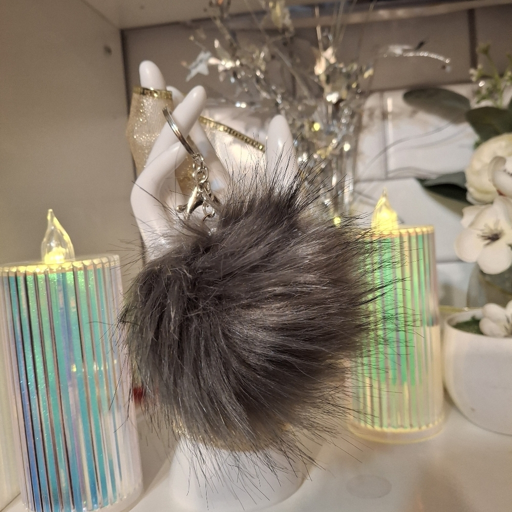 Faux Fur Pom Pom Bag Charm Keyring. Luxury Handmade Bag Jewelry  Dark Gray